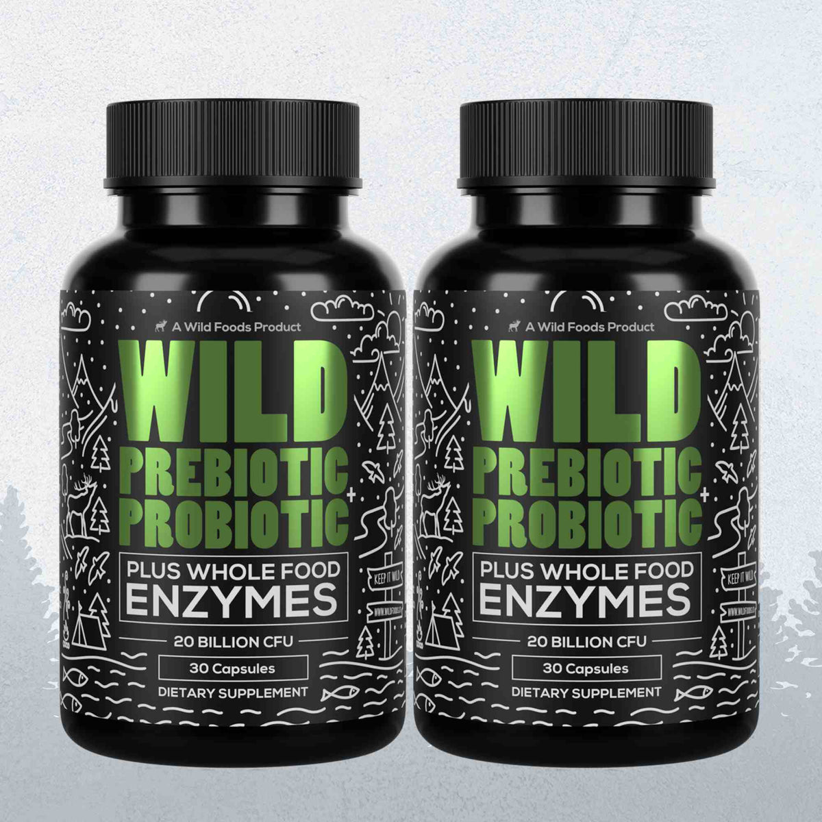 Wild Foods Supplements 2x - 60 caps (Save $3!) Prebiotics &amp; Probiotics, 30 servings – Gut Health &amp; Digestion Support