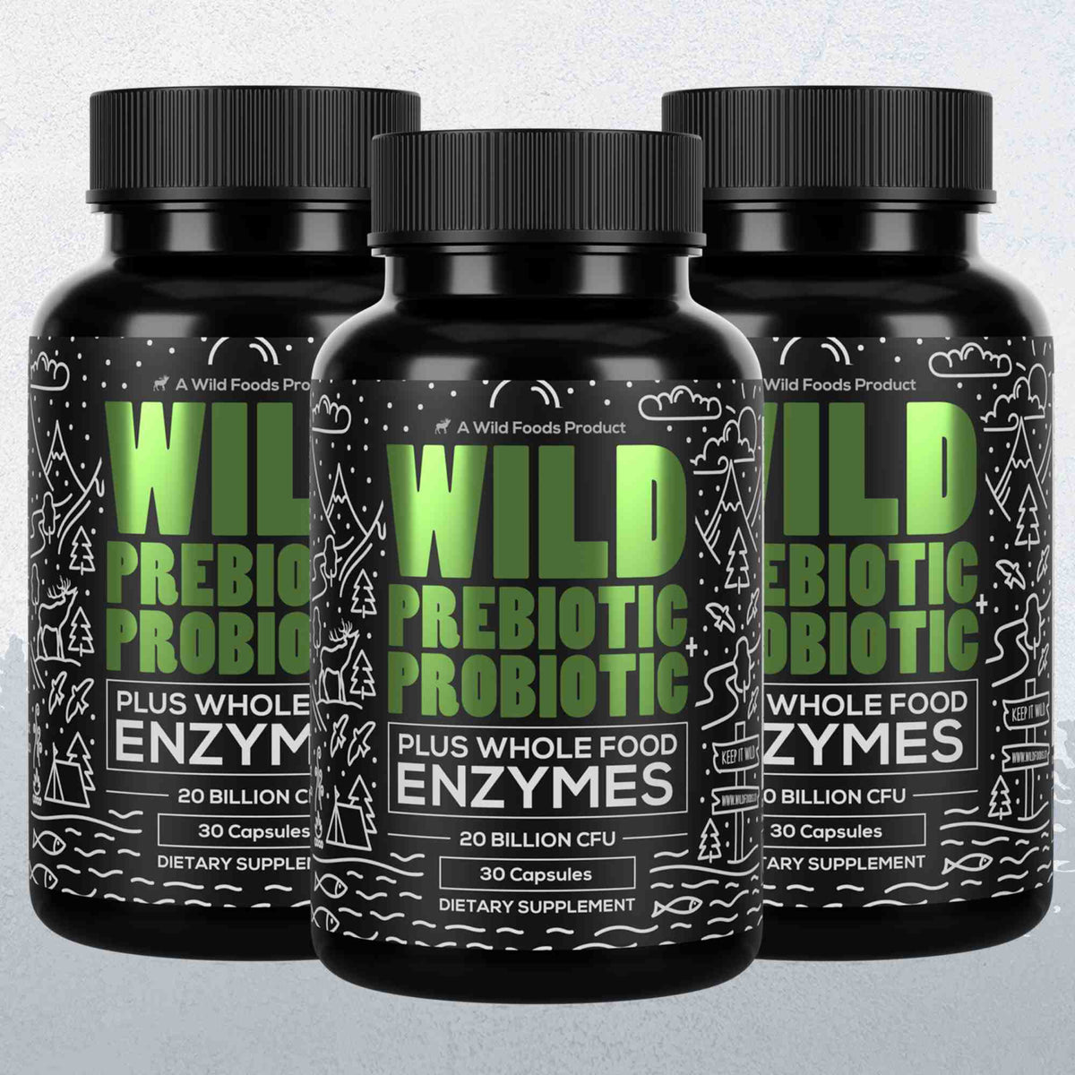 Wild Foods Supplements 3x - 90 caps (Save $7!) Prebiotics &amp; Probiotics, 30 servings – Gut Health &amp; Digestion Support