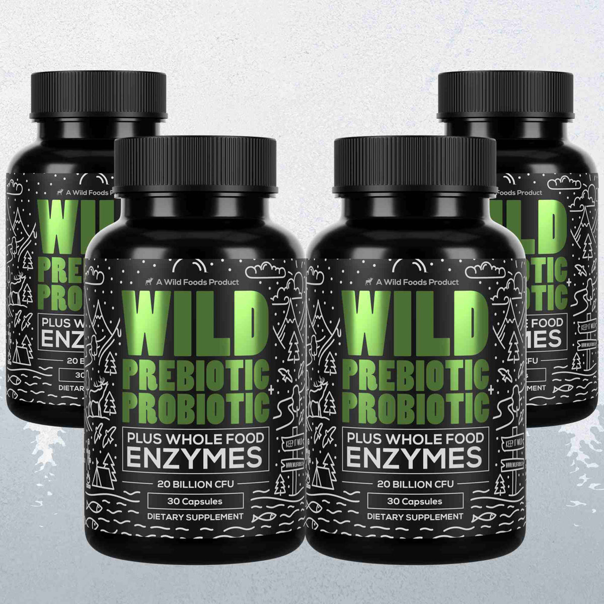 Wild Foods Supplements 4x - 120 caps (Save $12!) Prebiotics &amp; Probiotics, 30 servings – Gut Health &amp; Digestion Support