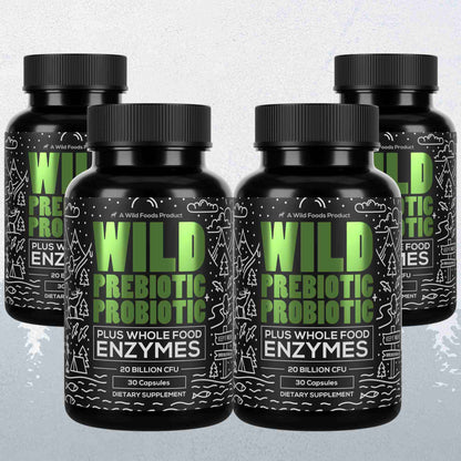 Wild Foods Supplements 4x - 120 caps (Save $12!) Prebiotics &amp; Probiotics, 30 servings – Gut Health &amp; Digestion Support