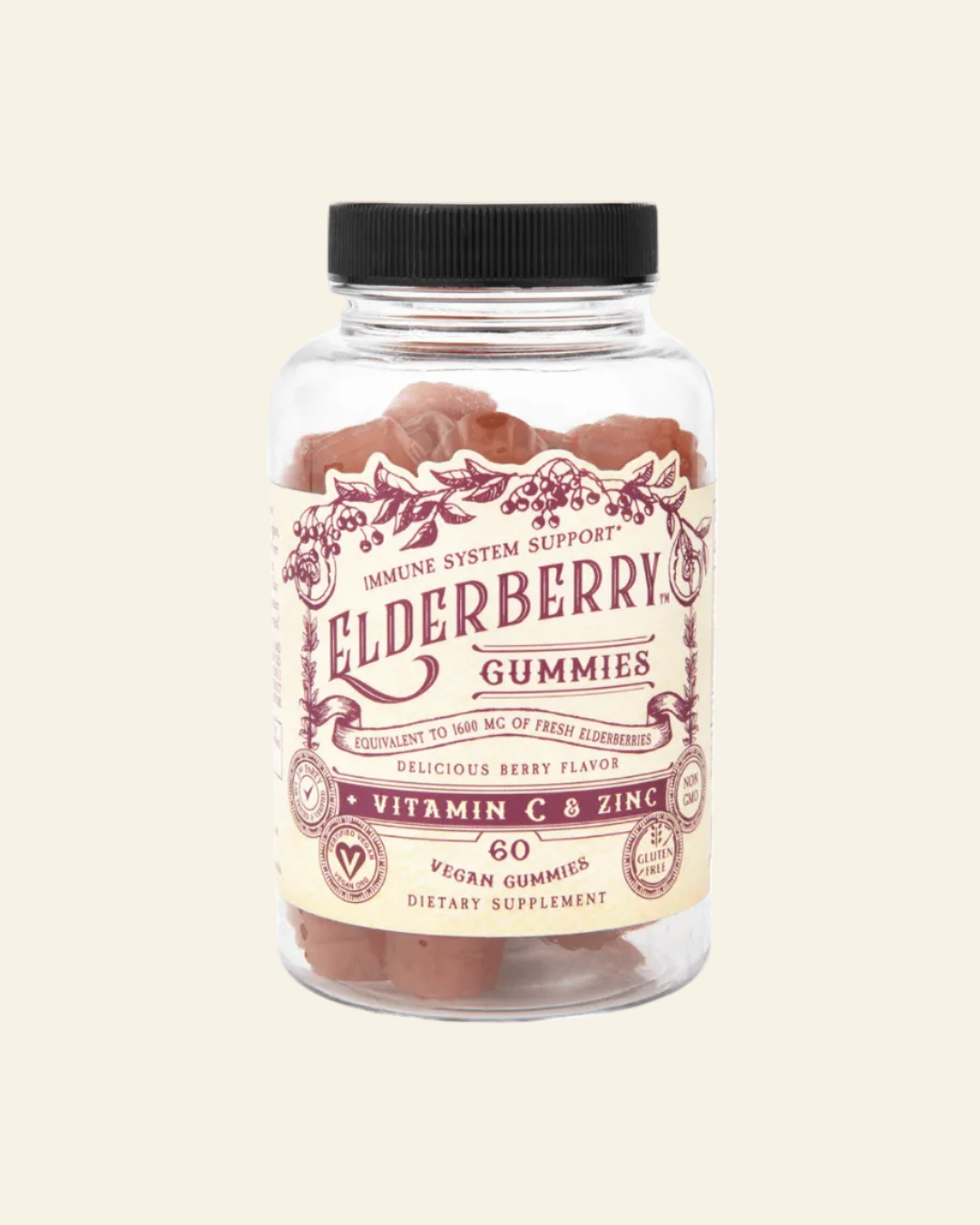 Jar of Elderberry Gummies with a decorative label on a white background