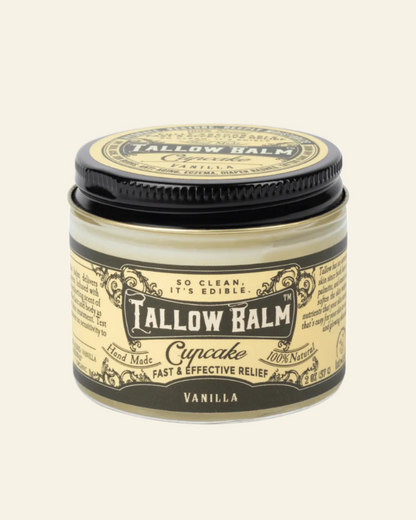 Jar of Tallow Balm with vanilla flavor on a white background