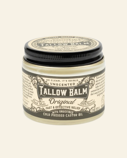 Tallow Balm jar with black and white label on a white background