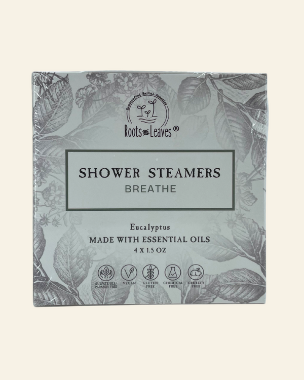Box of Roots and Leaves Shower Steamers with eucalyptus on a white background