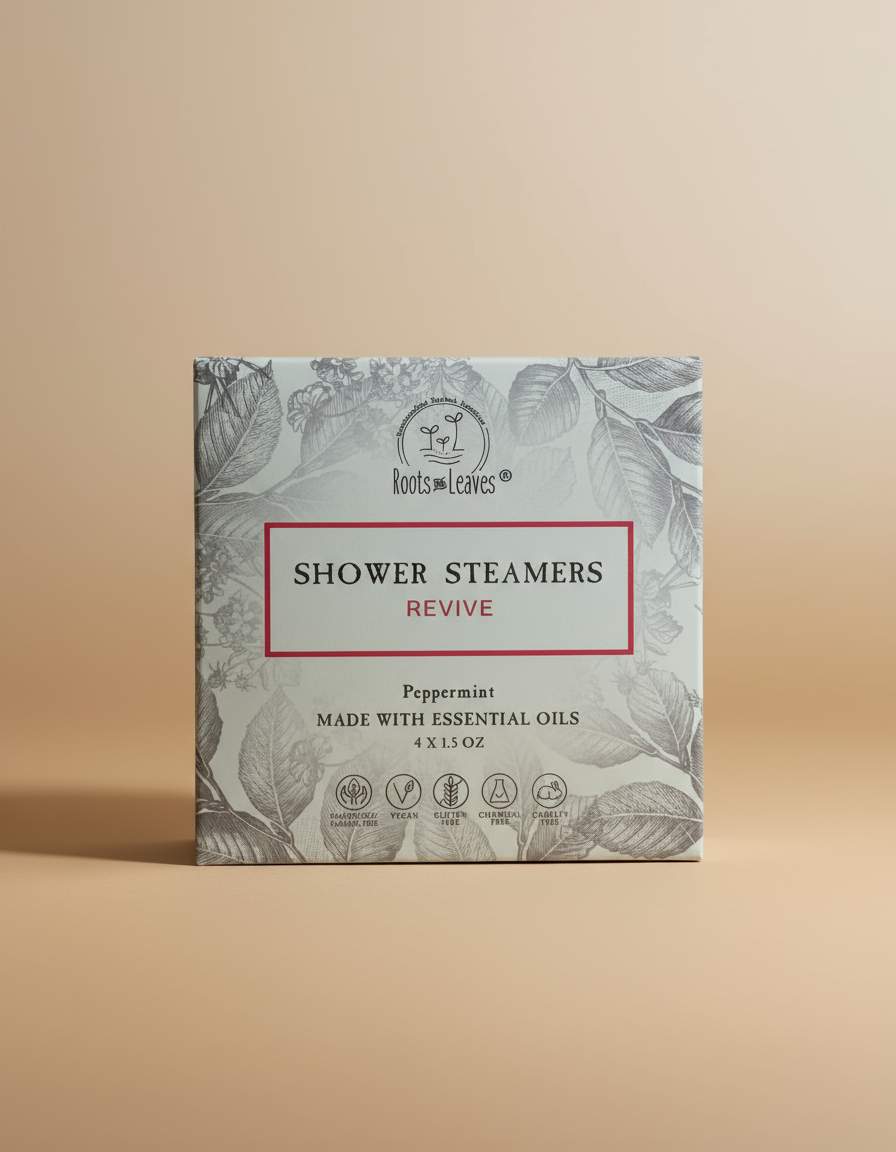 Box of Shower Steamers Revive by Roots and Leaves with leaf pattern