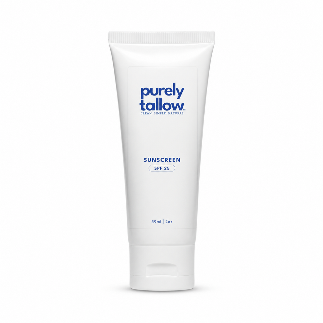 A white squeeze tube of Purely Tallow sunscreen with blue text, shown on a clean white background.