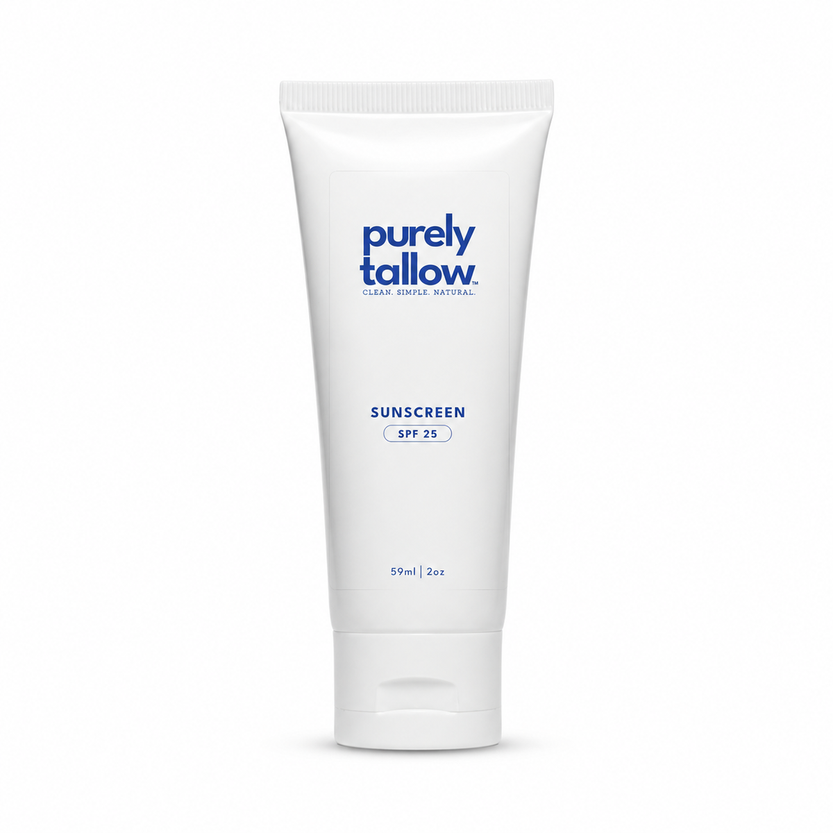 A white squeeze tube of Purely Tallow sunscreen with blue text, shown on a clean white background.