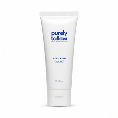 A white squeeze tube of Purely Tallow sunscreen with blue text, shown on a clean white background.