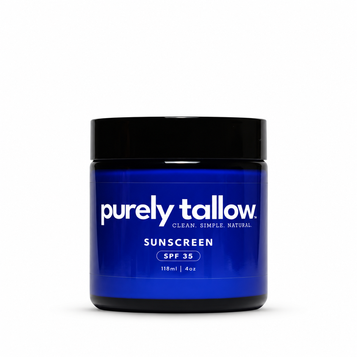 A blue jar of Purely Tallow sunscreen with a black lid, shown on a clean white background.