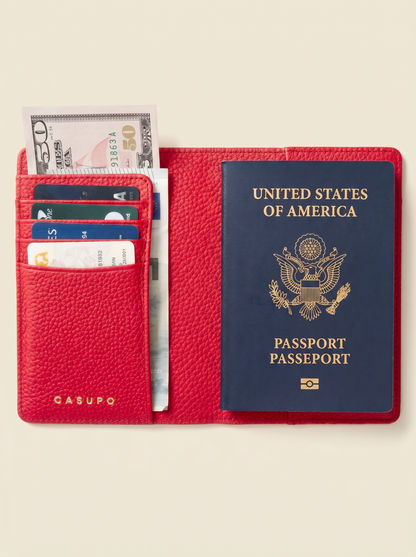 Leather Passport Wallet with RFID - Red
