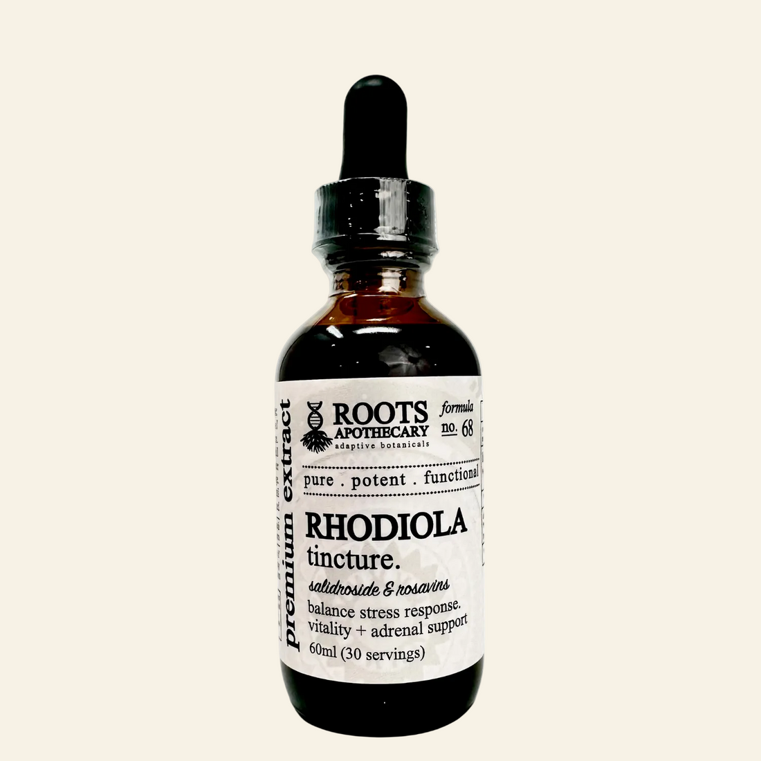 An amber glass dropper bottle of Roots Apothecary Rhodiola Tincture on a solid white background.