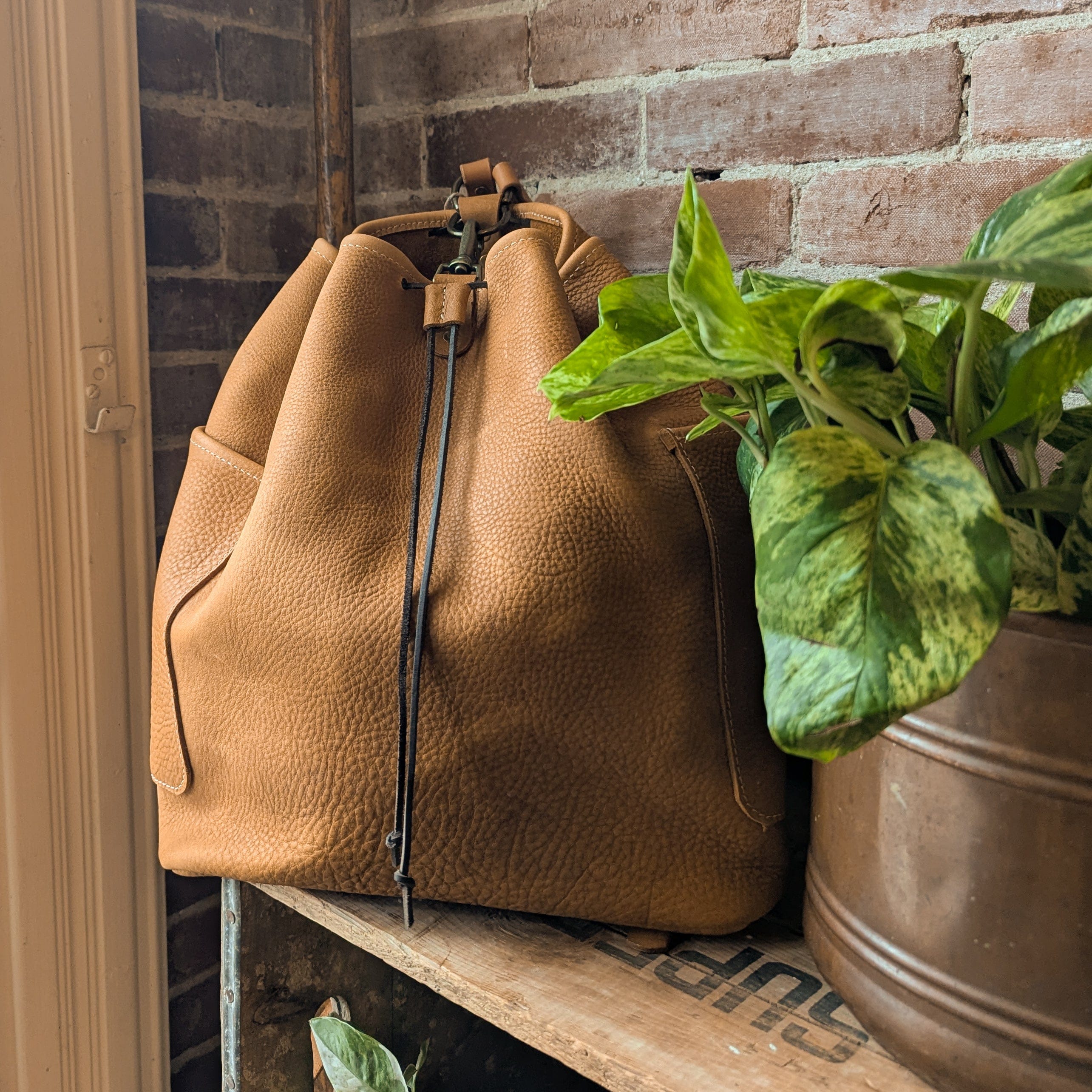 The Local Branch Leather Caramel Traveler Drawstring Backpack - USA Made