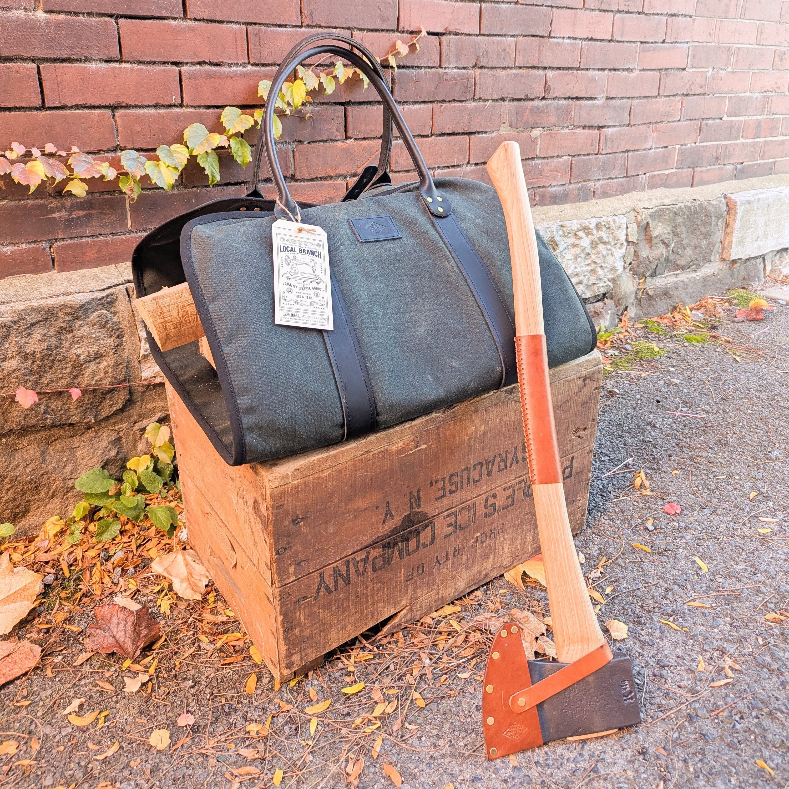 The Local Branch Leather Moss &amp; Black Waxed Canvas Rugged Log Carrier - USA Made