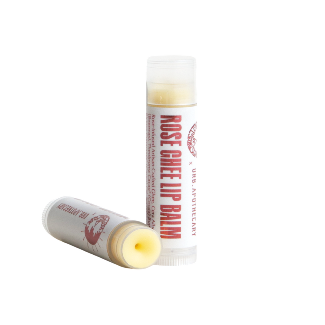 Two lip balms with visible branding on a white background