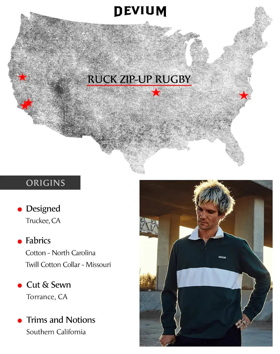 Map of the United States with red stars and text about DEVIIUM Ruck Zip-Up Rugby, featuring a person wearing the product.