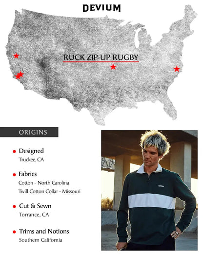 Map of the United States with red stars and text about DEVIIUM Ruck Zip-Up Rugby, featuring a person wearing the product.