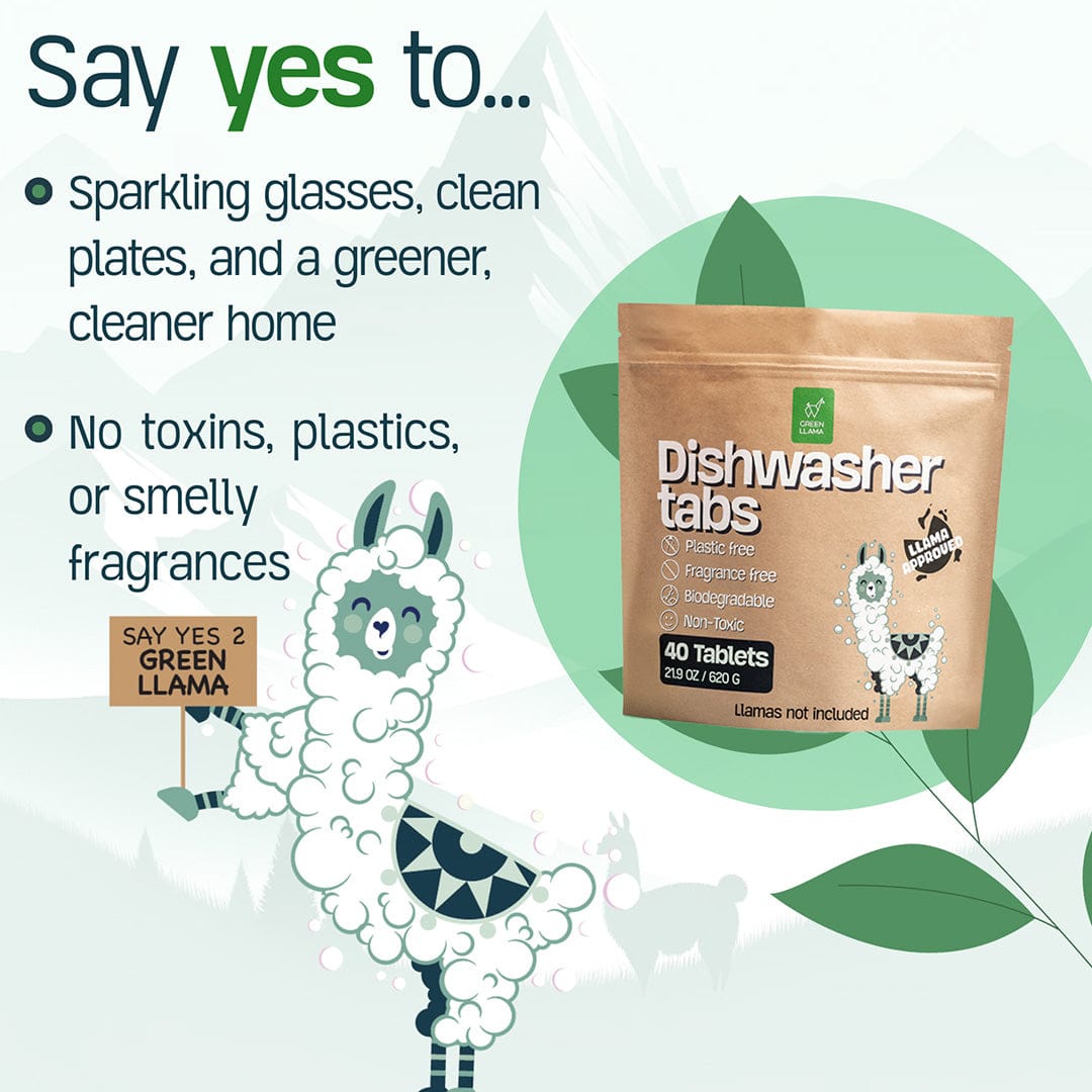 Green Llama Dishwasher Tabs NEW - Fragrance &amp; PVA Free Dish Washer Tabs - No Plastic, Non Toxic