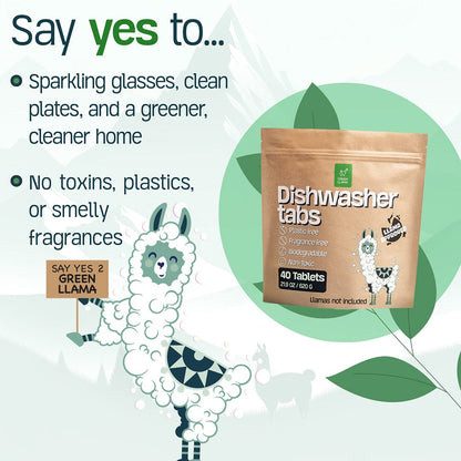 Green Llama Dishwasher Tabs NEW - Fragrance &amp; PVA Free Dish Washer Tabs - No Plastic, Non Toxic