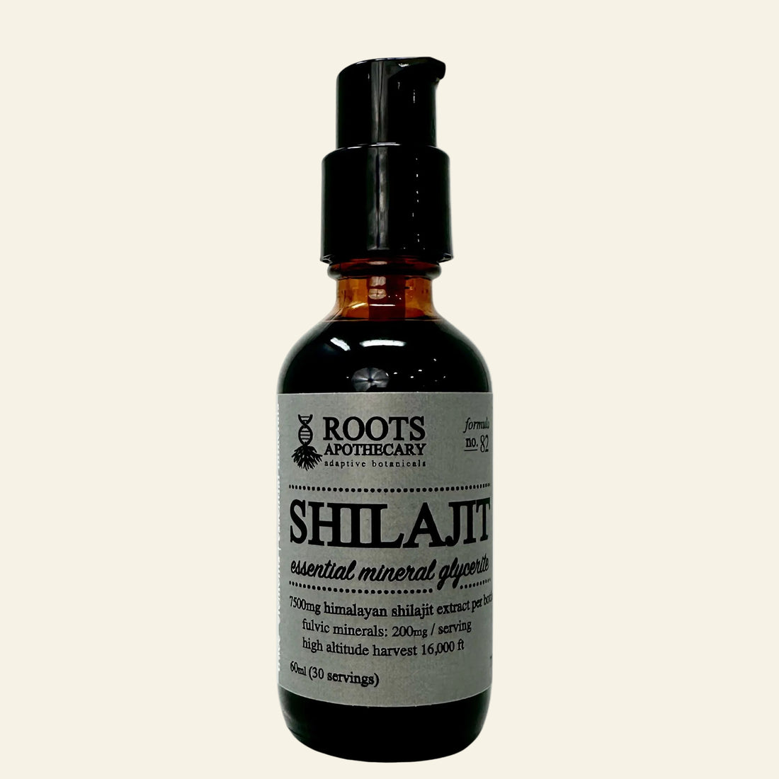Bottle of Shilajit with Roots Apothecary label on a white background