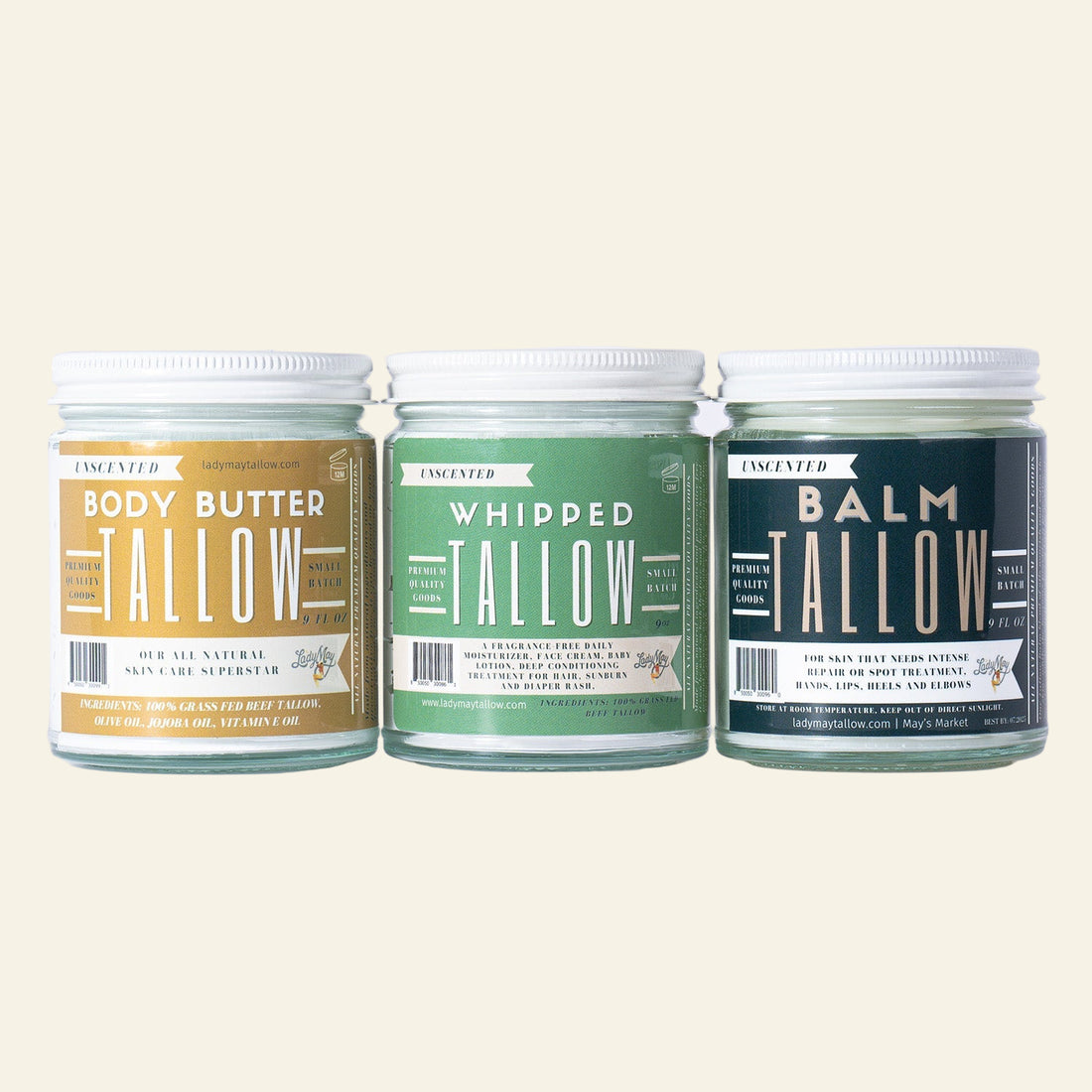Tallow Skincare Trio - Butter, Balm &amp; Whipped Premium Quality All Natural Gift Box by The Lady May
