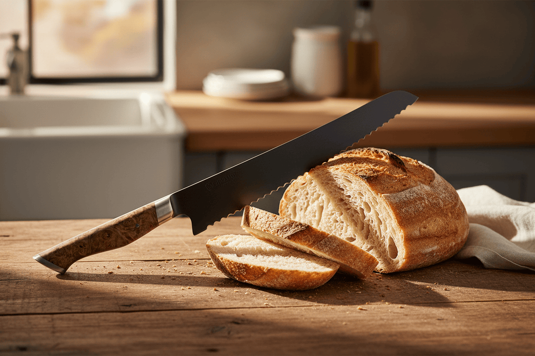 Serrated bread knife with cork handle on a white background