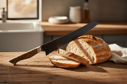Serrated bread knife with cork handle on a white background