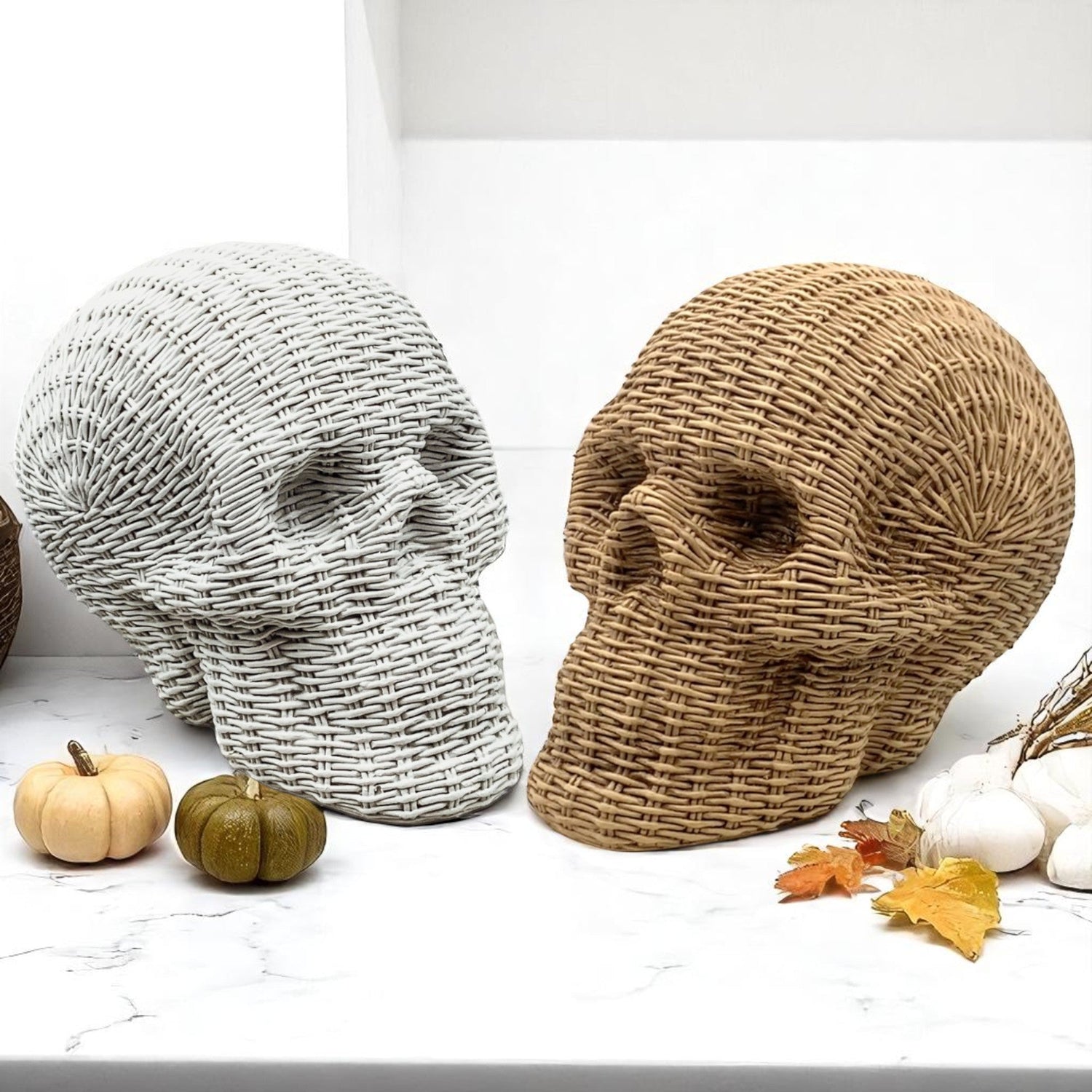 Skull Me Rattan-Style Skull Decor – Natural &amp; White Resin