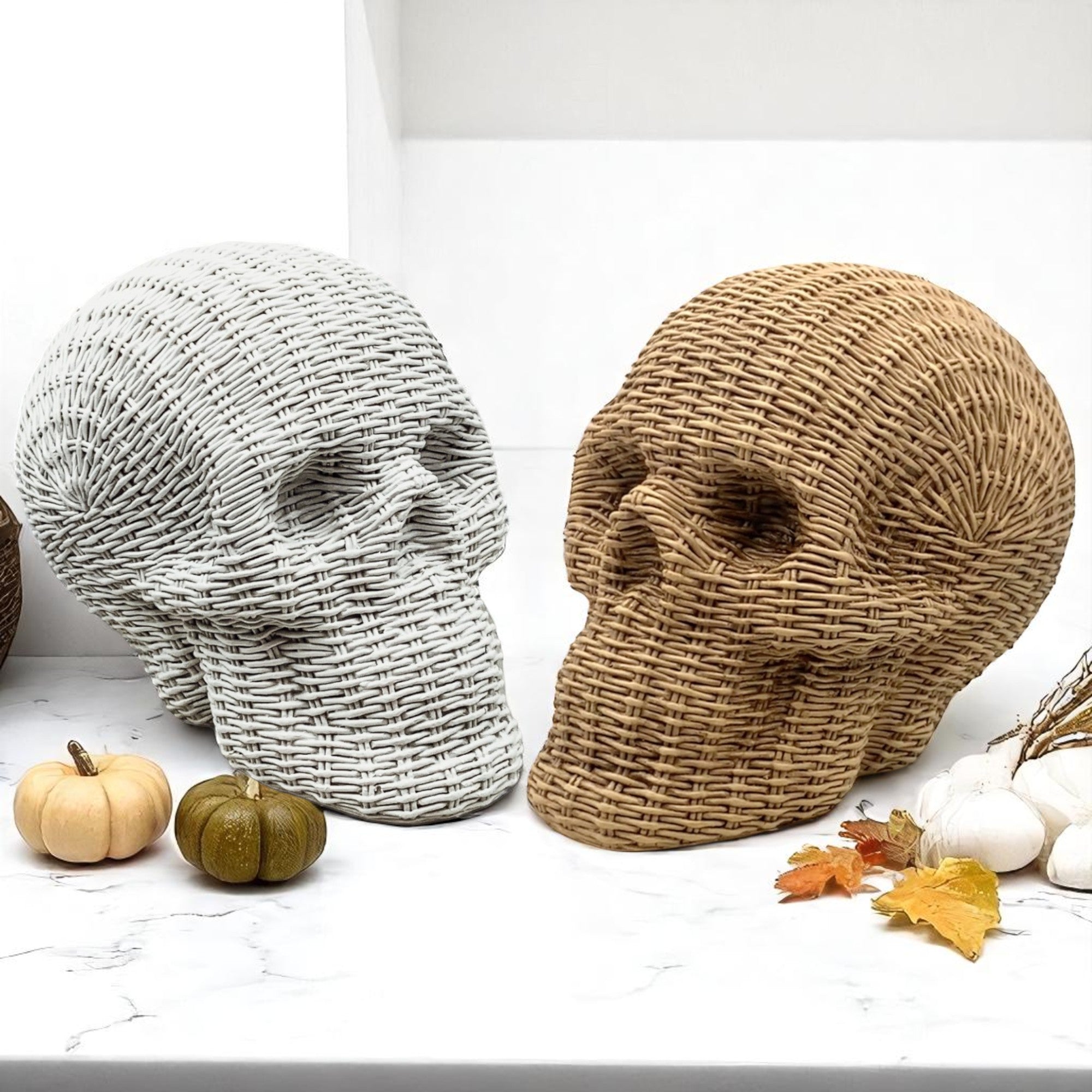 Skull Me Rattan-Style Skull Decor – Natural &amp; White Resin