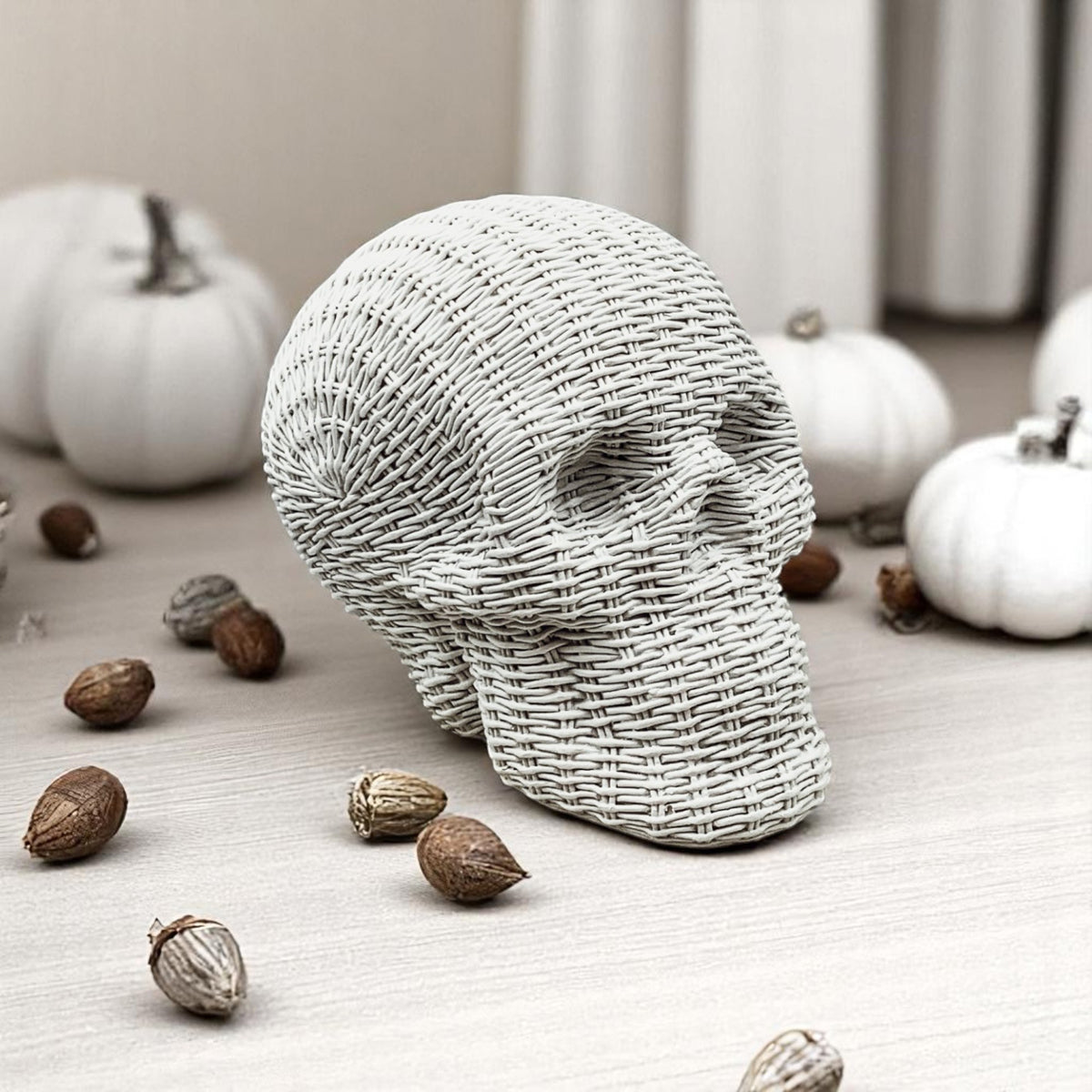 Skull Me Rattan-Style Skull Decor – Natural &amp; White Resin