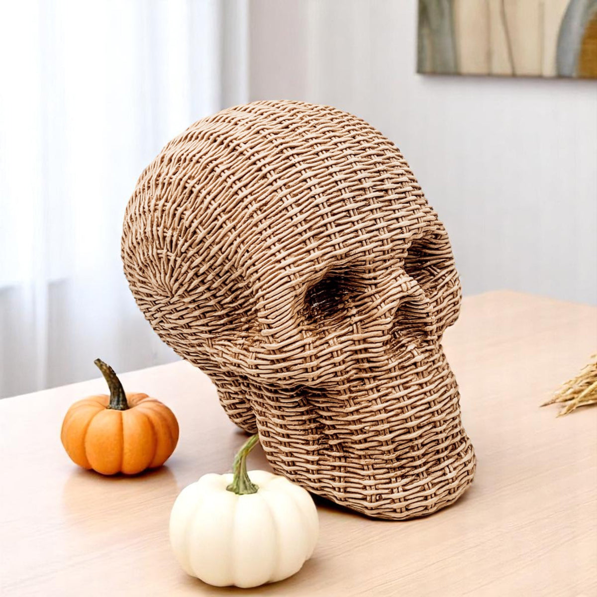 Skull Me Rattan-Style Skull Decor – Natural &amp; White Resin