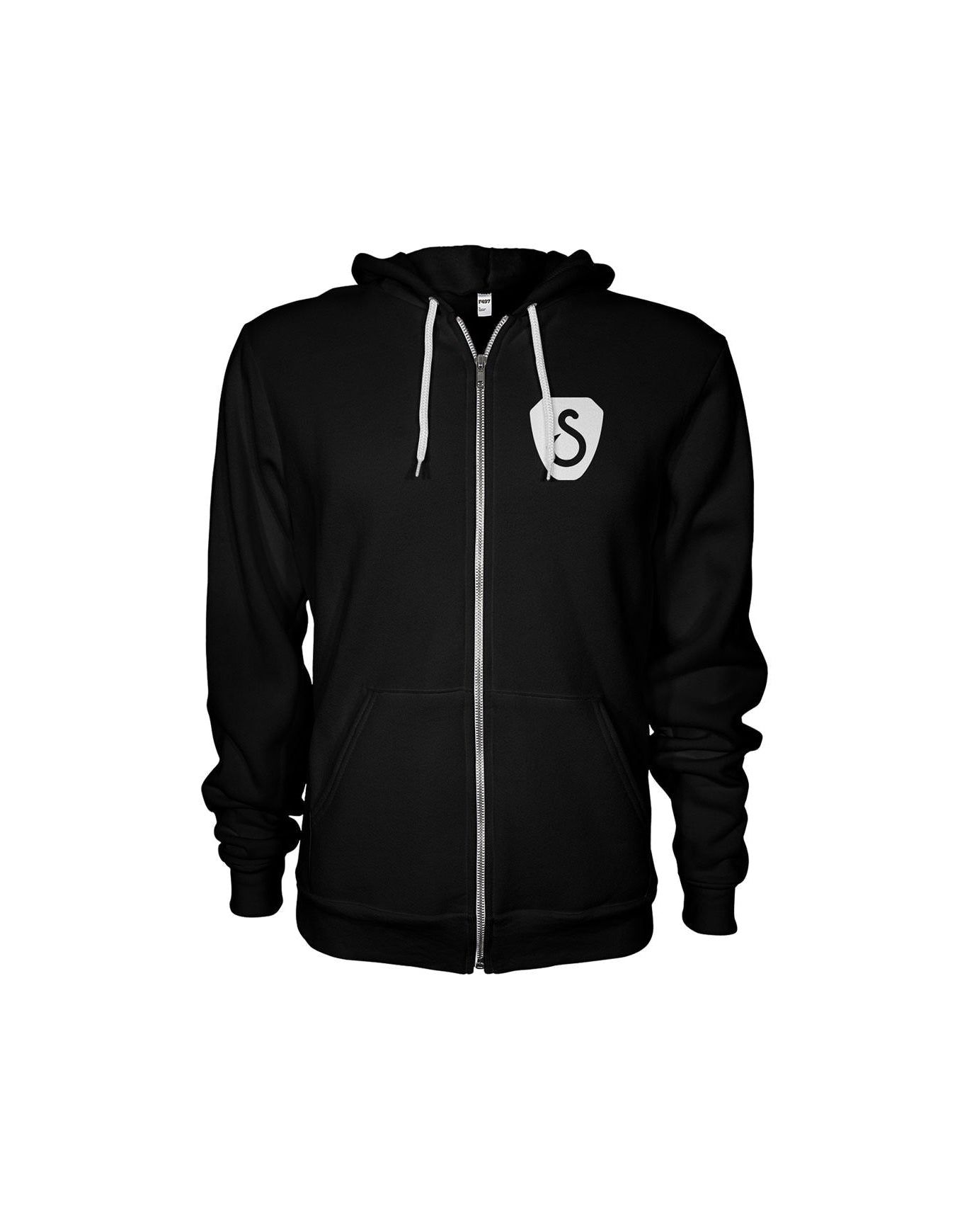 Black hoodie with a white logo on a white background