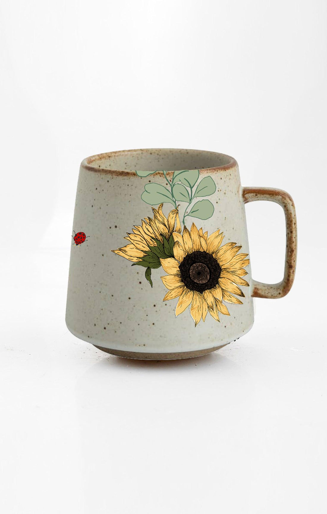 Ceramic mug with sunflower design on a white background