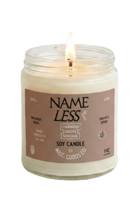 Candle in a glass jar with a label on a white background