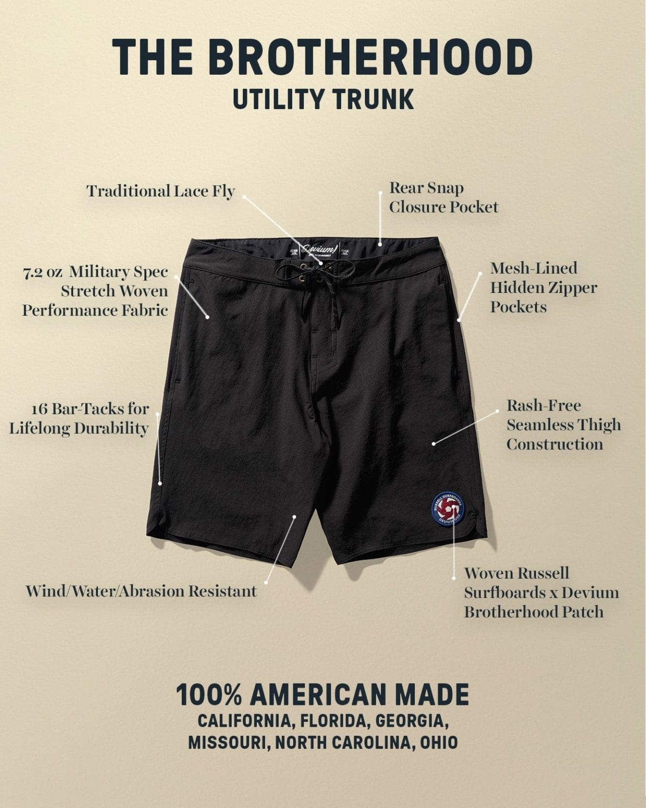 Devium The Brotherhood Utility Trunks - Russell Surfboards x Devium