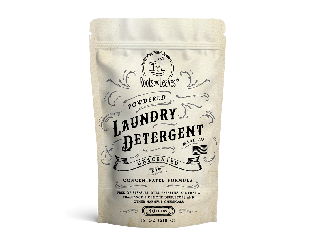 Package of Roots &amp; Leaves laundry detergent on a white background