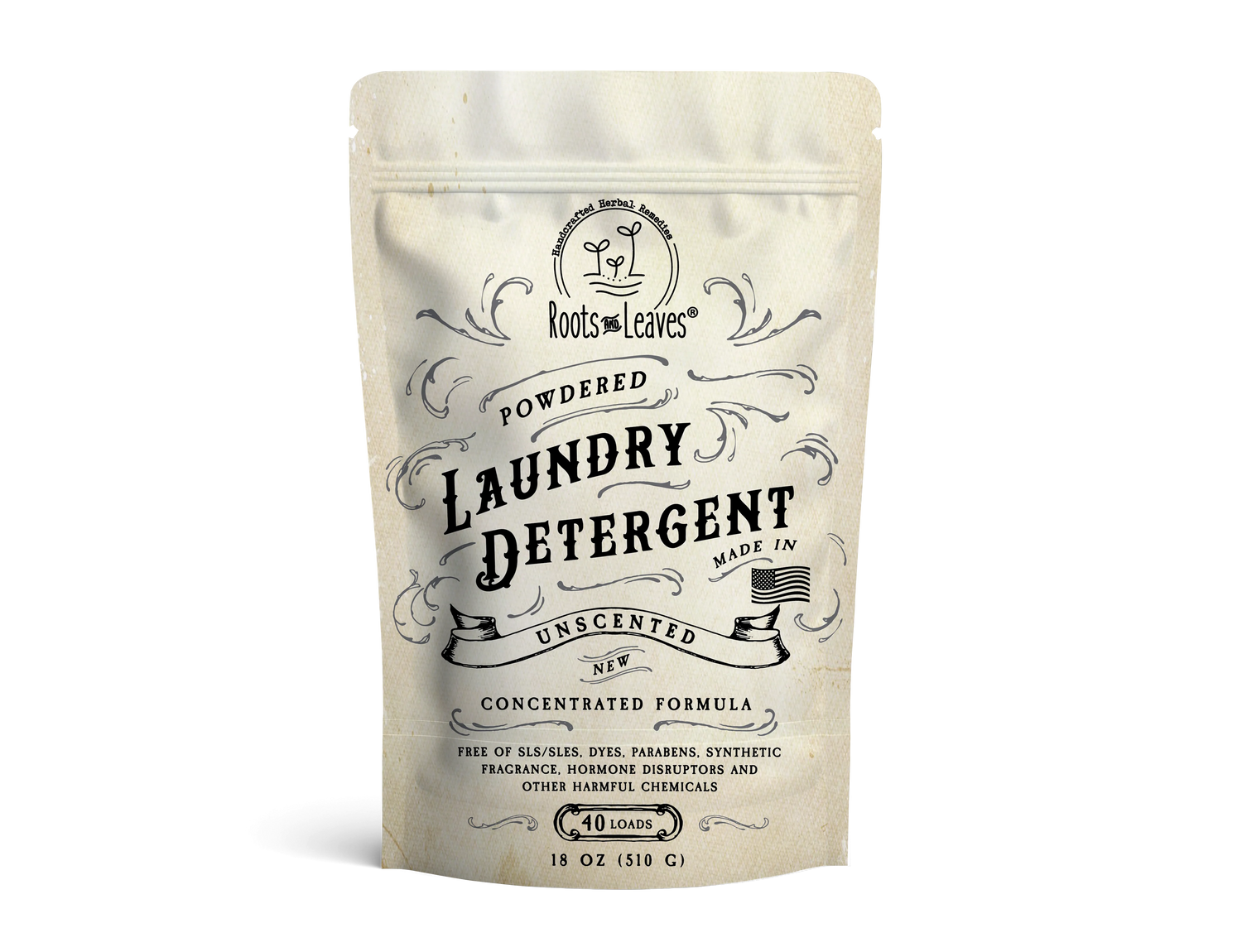 Package of Roots &amp; Leaves laundry detergent on a white background