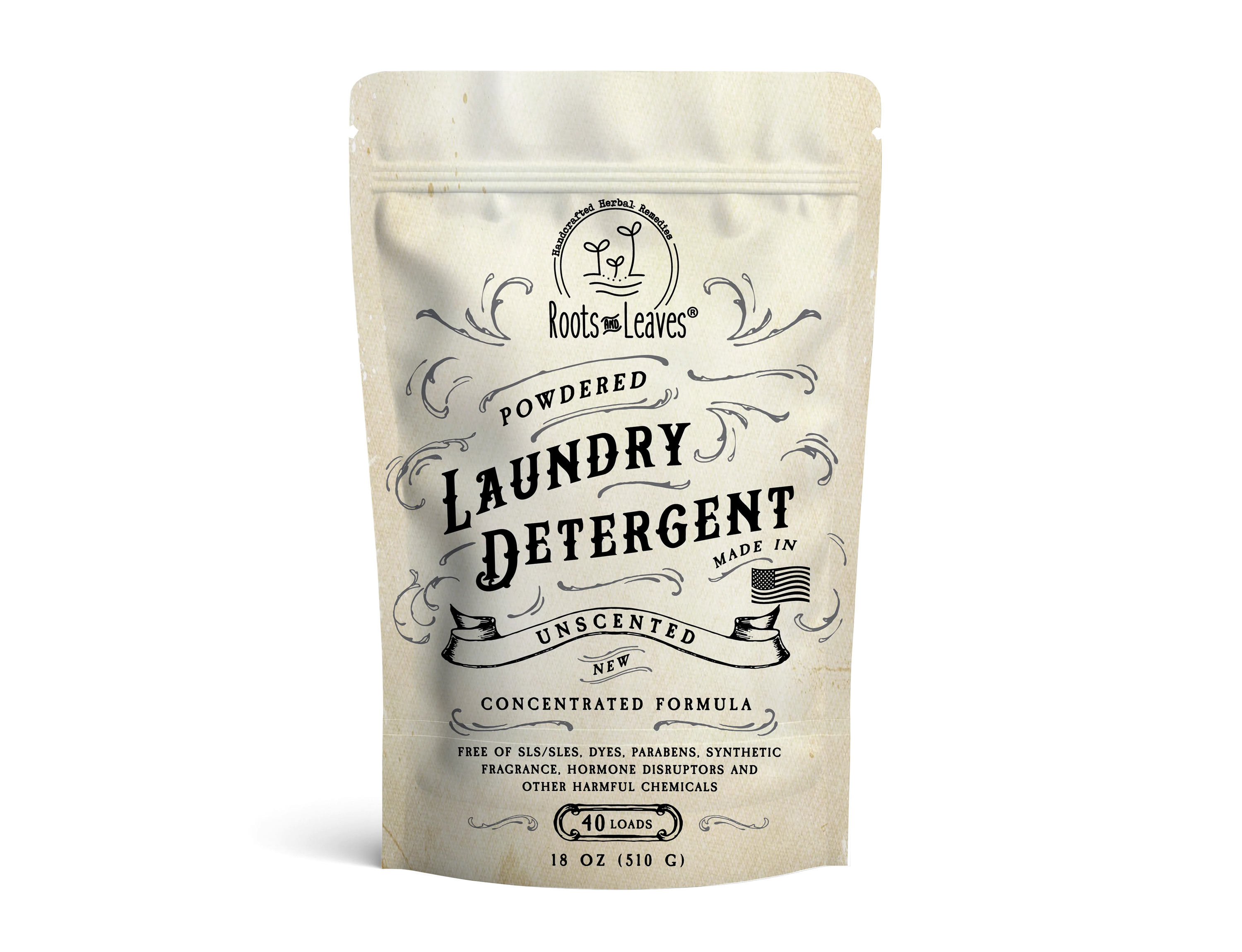 Package of Roots &amp; Leaves laundry detergent on a white background