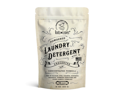 Package of Roots &amp; Leaves laundry detergent on a white background