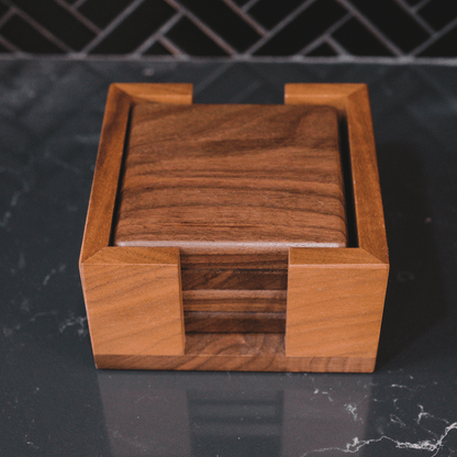 Walnut Coasters - Set of 4 With Holder and Cork Bottom - My American Goods