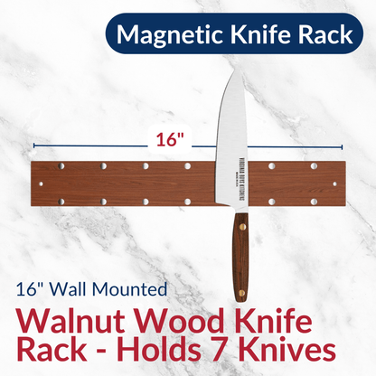 Wall Mounted Magnetic Walnut Wood Knife Rack - Holds 7 Knives - My American Goods