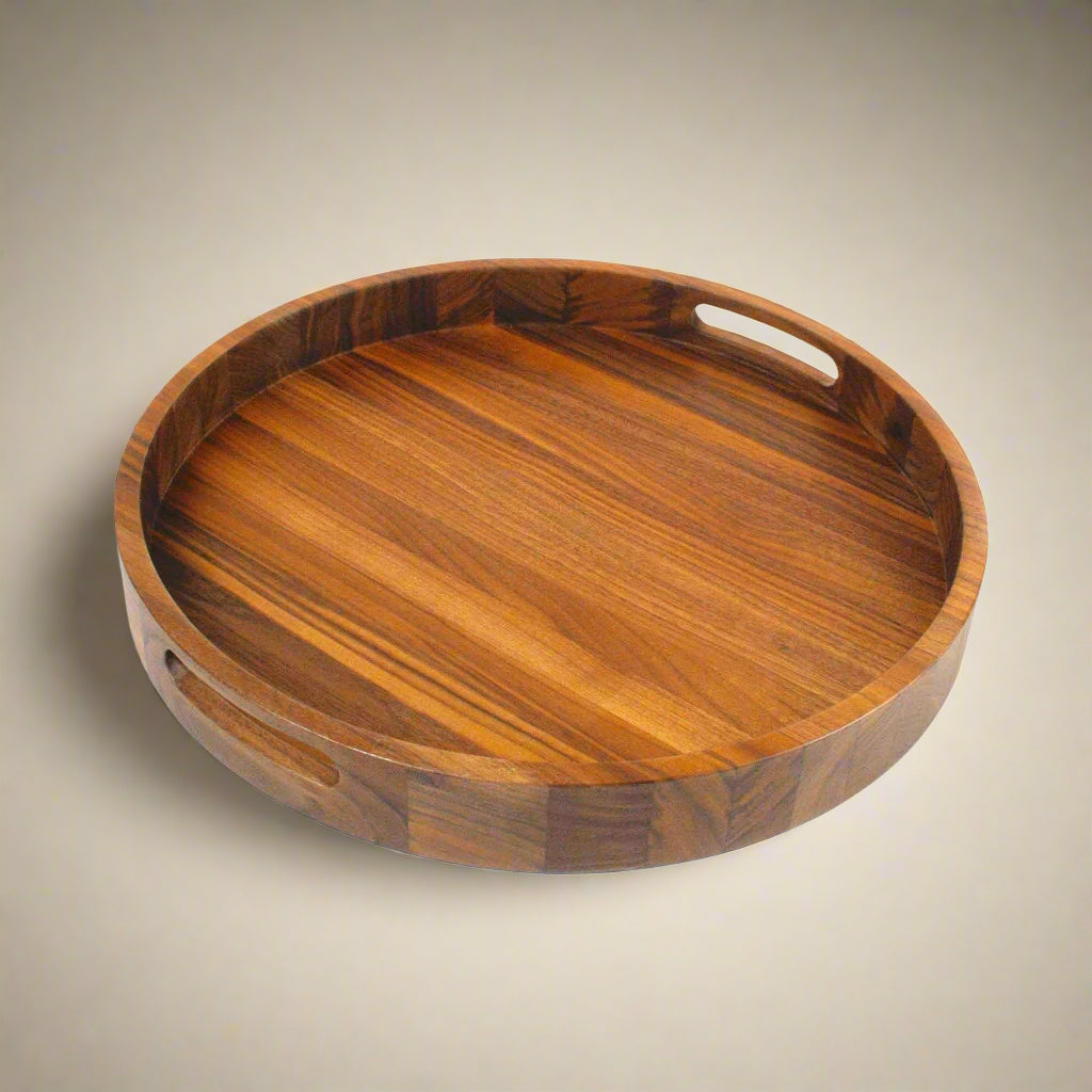16.5 Inch Round Walnut Wood Serving and Coffee Table Tray with Handles by Virginia Boys Kitchens - My American Goods