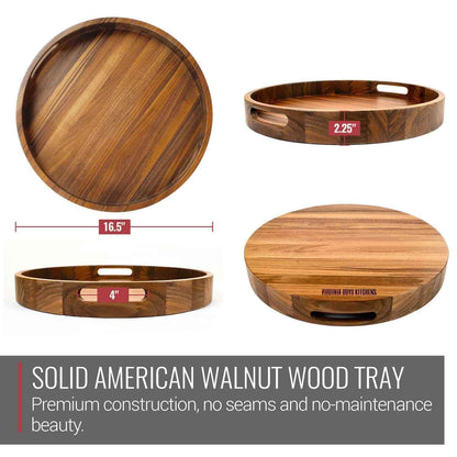 16.5 Inch Round Walnut Wood Serving and Coffee Table Tray with Handles by Virginia Boys Kitchens - My American Goods