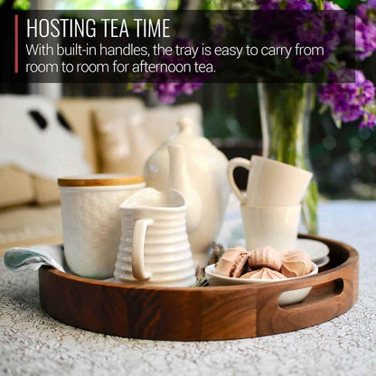 16.5 Inch Round Walnut Wood Serving and Coffee Table Tray with Handles by Virginia Boys Kitchens - My American Goods