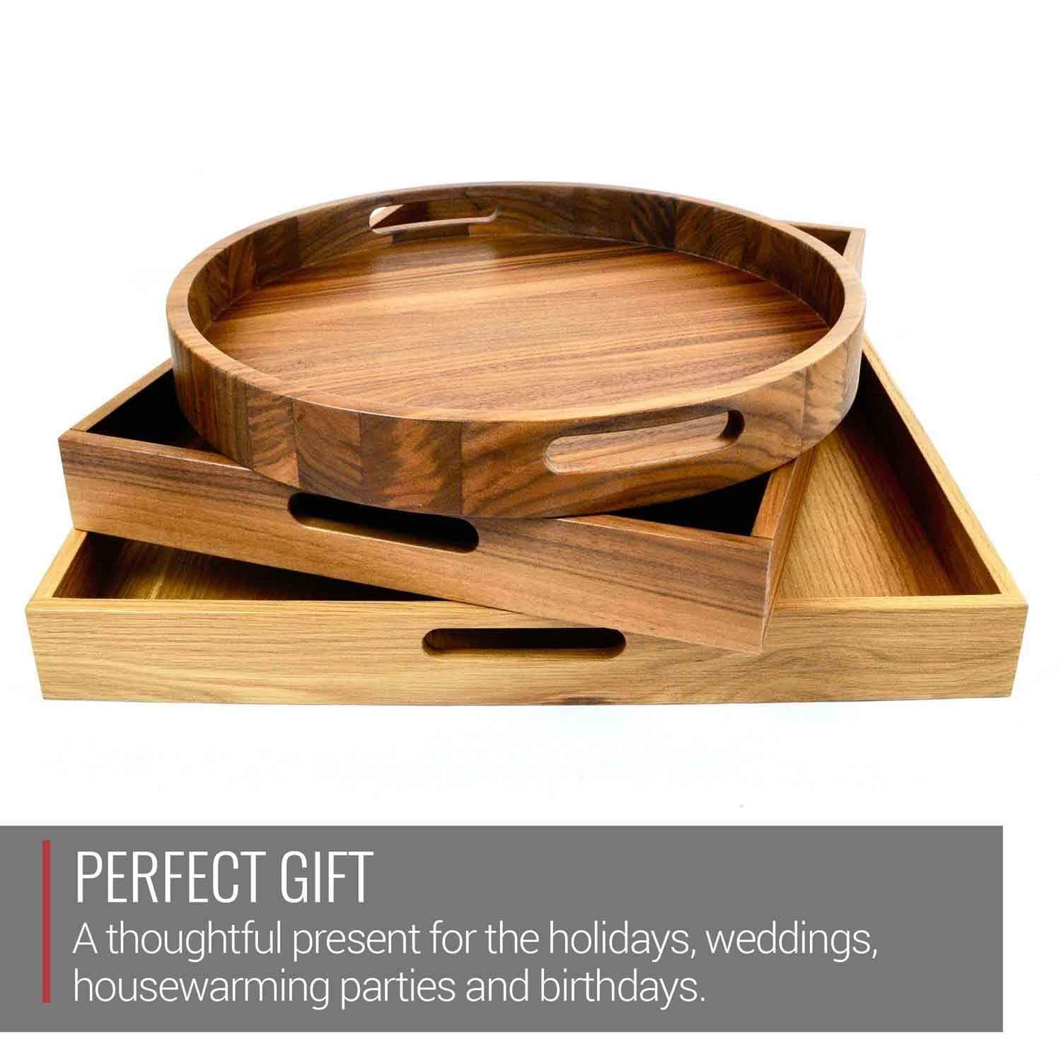 16.5 Inch Round Walnut Wood Serving and Coffee Table Tray with Handles by Virginia Boys Kitchens - My American Goods