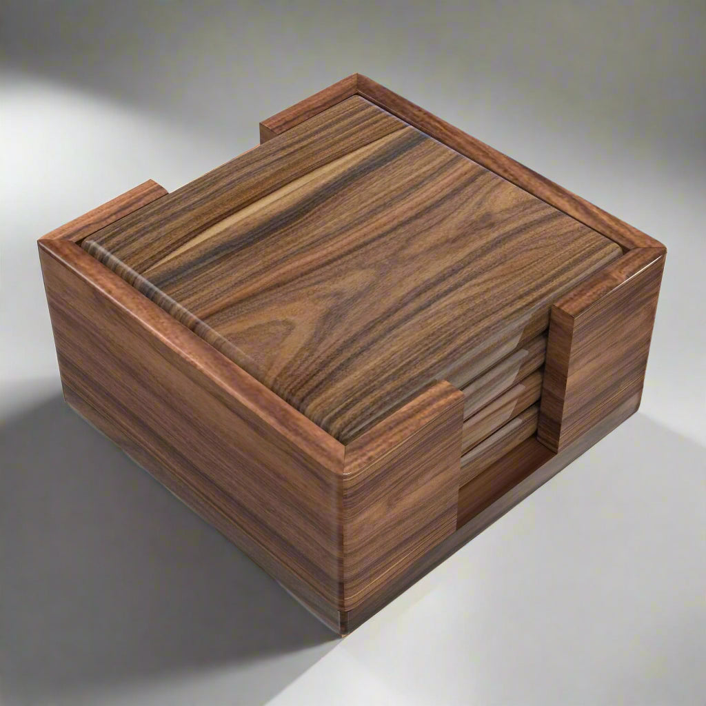 Walnut Coasters - Set of 4 With Holder and Cork Bottom