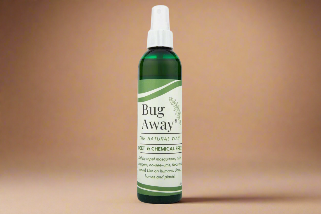 Bug Away spray bottle on a brown background