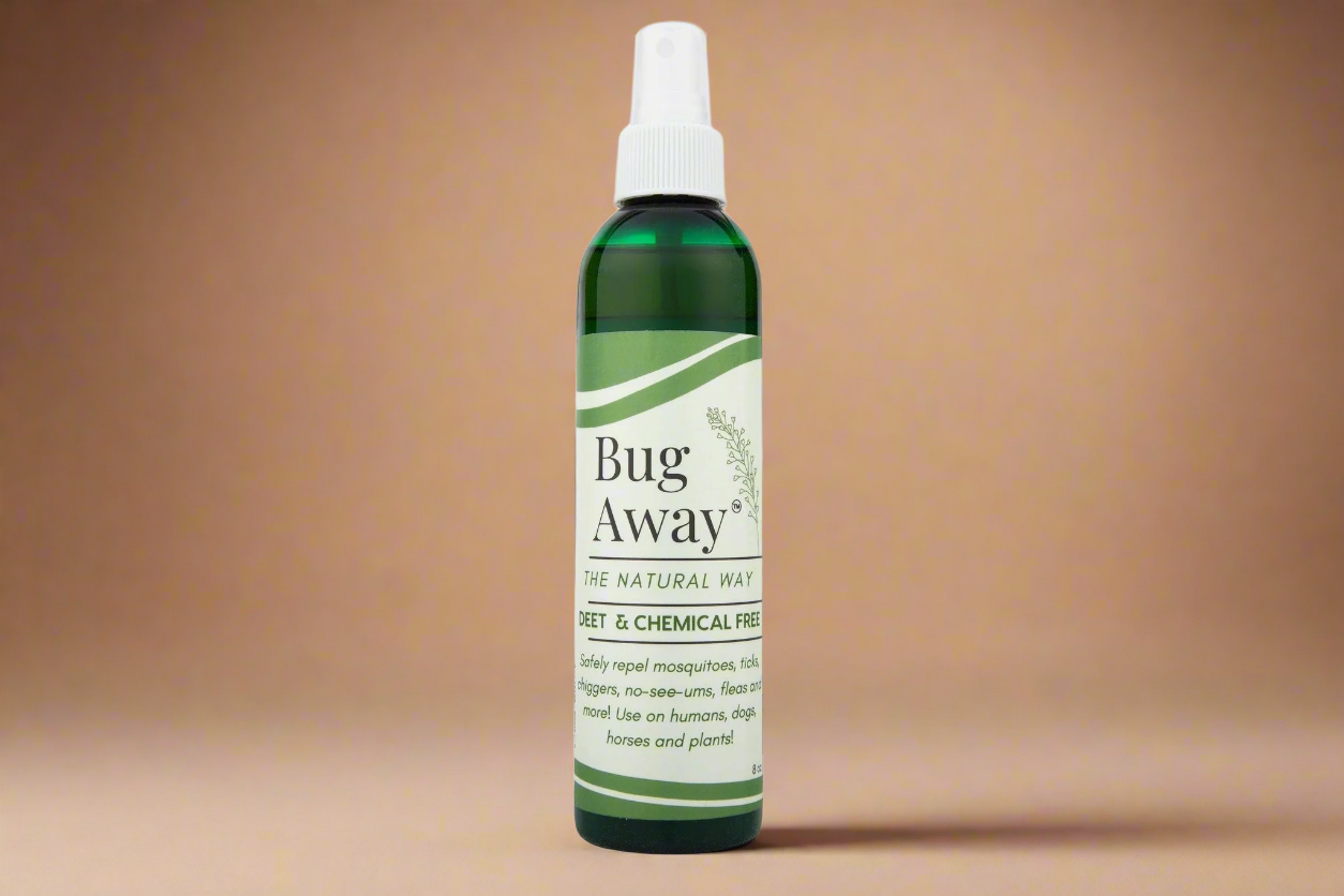 Bug Away spray bottle on a brown background