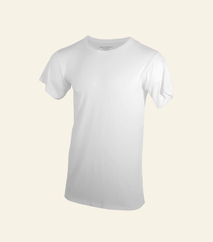 Plain white t-shirt on a light gray background