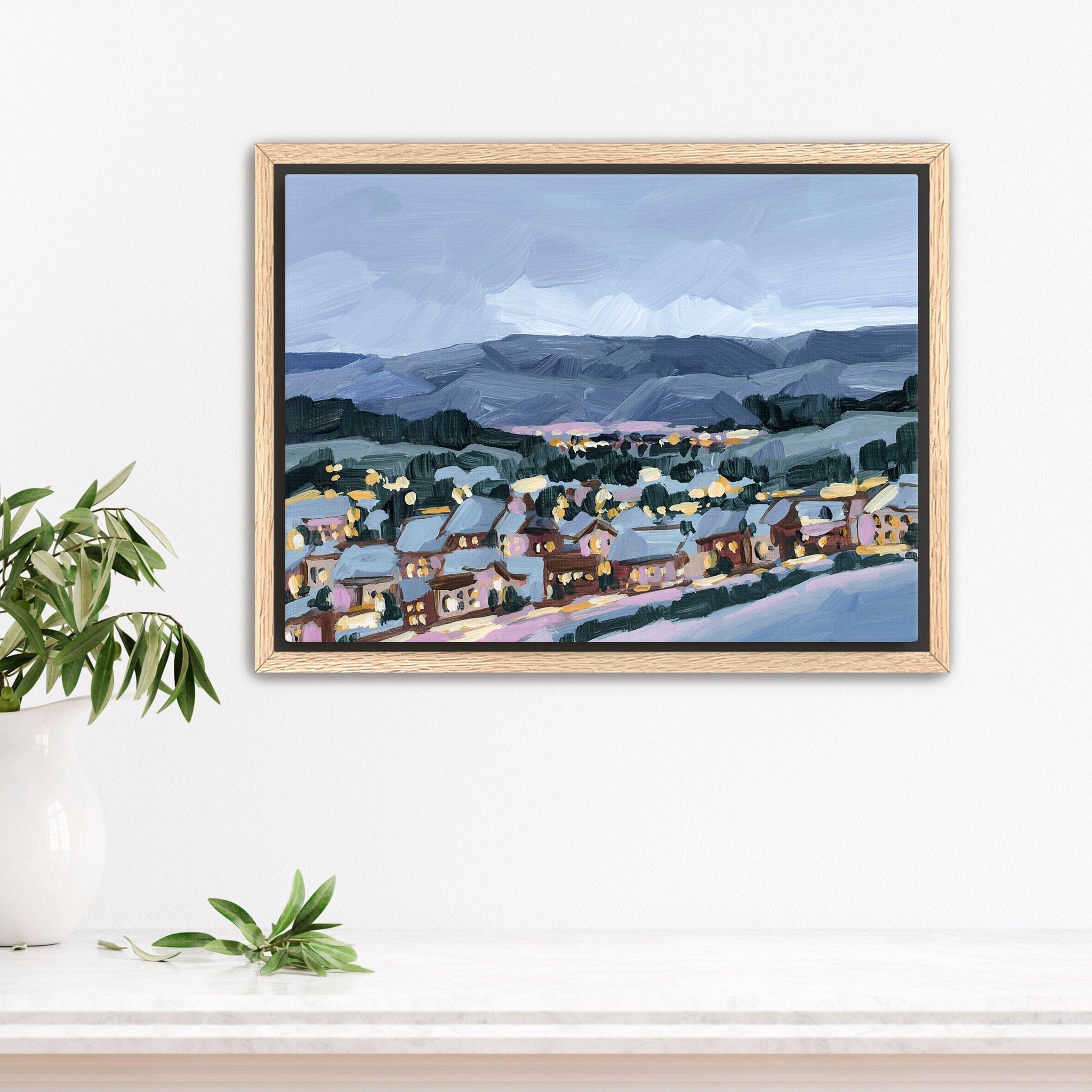 Katie Garrison Art Print Stretched Canvas / 8x10 in / Oak Frame "Winter Village" Art Print