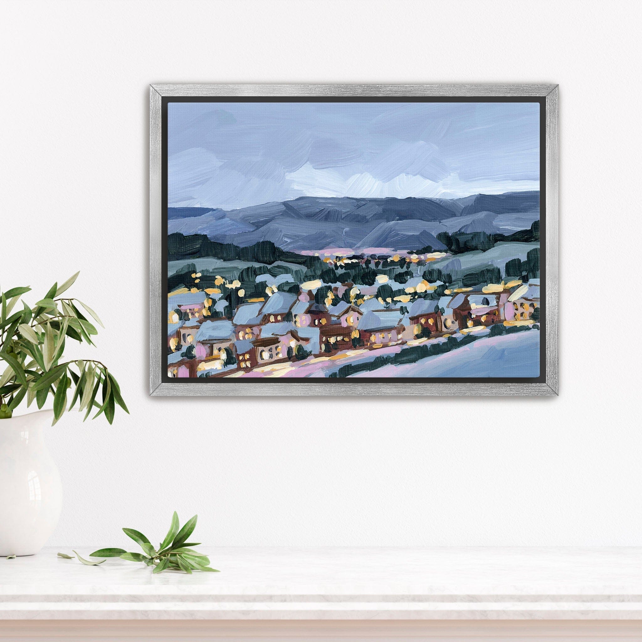 Katie Garrison Art Print Stretched Canvas / 8x10 in / Silver Frame "Winter Village" Art Print